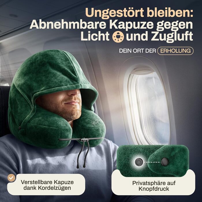 Подушка для шиї HELDENWERK® Air - для подорожей літаком та автомобілем | 5 положень, регульована, знімний капюшон | М'яка, зелена, для жінок та підлітків