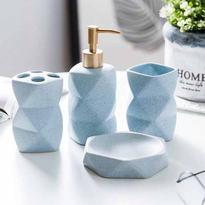 Bathroom Accessories Set, Blue Bathroom Accessories Set, Soap Dispenser, Toothbrush Holder, Cup, Soap Dish, Modern, Elegant, Bathroom Organizer, Ceramic Bathroom Decor Set (Blue)