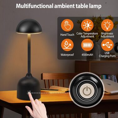 LED настільна лампа бездротова диммерна акумуляторна торшер Touch 3000k/4000k/5000k, 4500mAh, чорна, для дому, бару, готелю, вітальні, їдальні, USB, 1 шт.