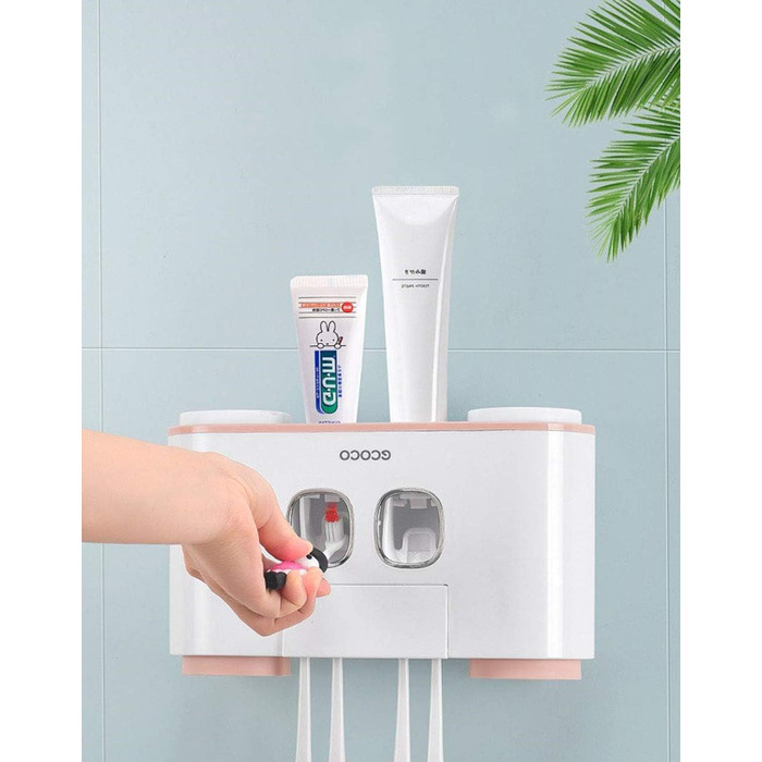 Автоматичний диспенсер пасти та тримач для зубних щіток MHTECH (рожевий) - комплект з 2 пастоущільнювачами, 4 стаканами, вміщує 5 щіток