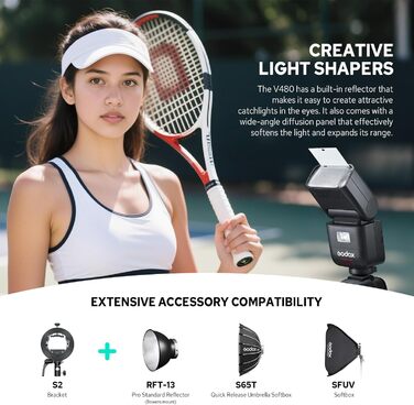 Спалахувач Godox V480F TTL для камер Fujifilm, сенсорний екран, гнучкий поворотний наголовник, дифузор, GN50, HSS 1/8000s, до 650 спалахів на повній потужності, час перезарядки 1.7 сек.