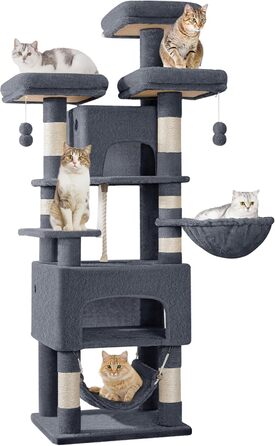 Кігтеточка для котів Hzuaneri, 176 см, XL, 3 платформи, 2 печери, 7 кігтеточних стовпів, гамак, плюшеві кульки, для багатокотових домівок, темно-сірий MS17618SG