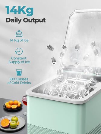 Портативна машина для льоду FOHERE – самоочисна, 14 кг/24 год, 2 розміри, компактний дизайн, 1 кнопка, інтелектуальні попередження, з лопаткою та кошиком для дому/бару/офісу/кемпінгу (зелена)