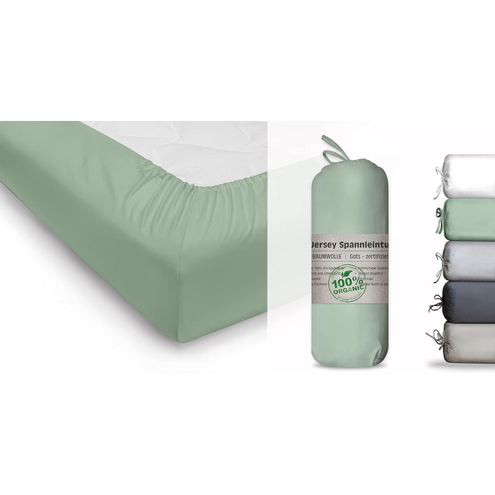 Blue Moon Bio Cotton Jersey Fitted Sheet - Fitted Sheet 160x200cm - Fitted Sheet, Fitted Sheet, Sheet 160 x 200 Organic Cotton GOTS Certified Ökotex Made in Green (Green, 140-160 x 200 cm)