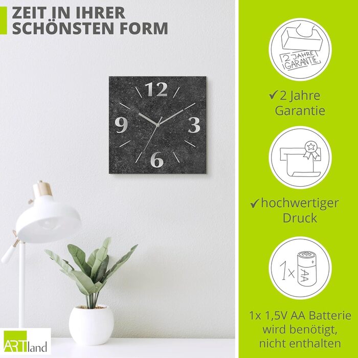 ARTLAND Wall Decor Wall Clock without Ticking Sounds, Aluminum, 30x30 cm Square, Silent Analog, 4 Numbers, 30x30 cm Design U1RE (Granite, Quartz Clock)
