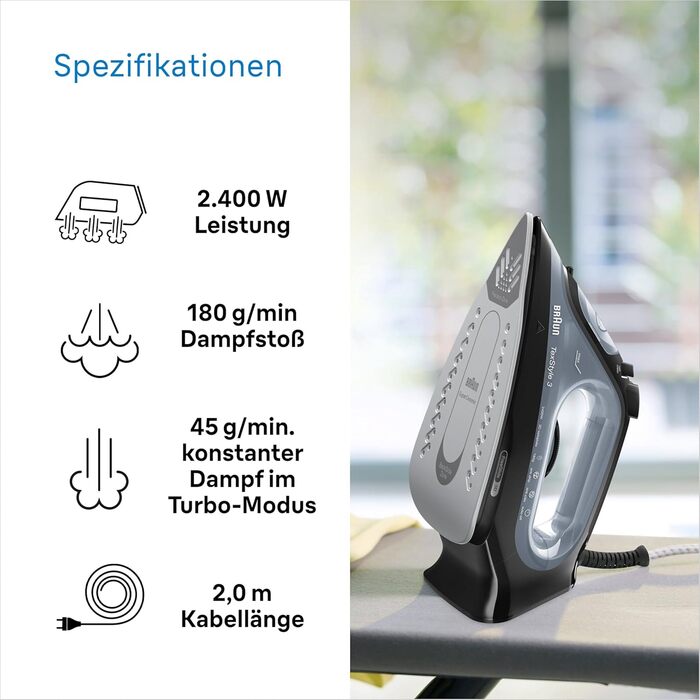 Праска з парою Braun FreeStyle 3 FI3124 PU, 2400 Вт, чорний/фіолетовий, технологія FreeGlide 3D, підошва SuperCeramic, Ultimate FastClean, автовимкнення, вертикальне прасування