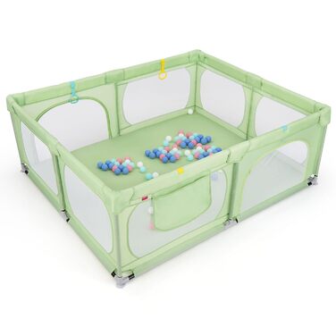 LIFEZEAL Playpen Baby 189 x 158 cm, Safety Play Area Children's Playpen with Super Soft, Foldable Baby Playpen made of Oxford Cloth with Handbag, 50 Ocean Balls, 4 Toddler Rings (Green)