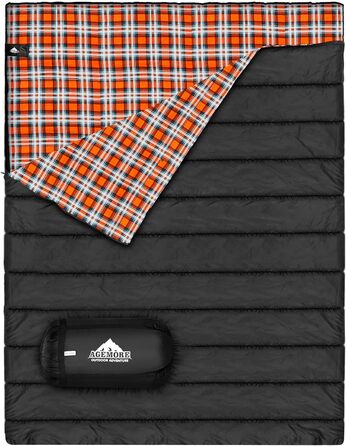 Cotton Flannel Double Sleeping Bag for Camping, Hiking, and Backpacking - Queen Size 2 Person Waterproof Sleeping Bag for Adults & Teens - Lightweight (Black/Orange)