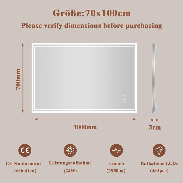 Дзеркало для ванної кімнати з підсвічуванням LED, антизапар, сенсорне управління, регулювання яскравості, 3 кольори світла, овальне, 50x70 см (Bluetooth, антизапар, 100L x 70B см)