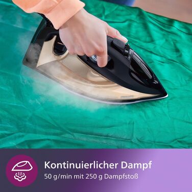 Philips 7000 Series Steam Iron, Constant Steam Power of 50 g/min, Steam Boost of 250 g, SteamGlide Elite Soleplate, Automatic Safety Shut-off (DST7040/80) 250 g Steam Boost 50 g Continuous Steam Black/Gold
