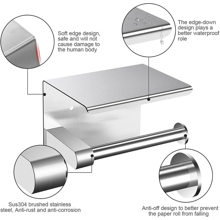 Тримач туалетного паперу ASOFTY без свердління з полицею, нержавіюча сталь, для ванної кімнати та кухні