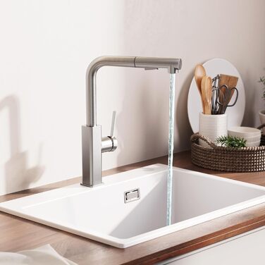 Кухонний змішувач CECIPA висувний з душем, нержавіюча сталь, 2 режими, поворот 360°, високий тиск, L-подібний, для кухні