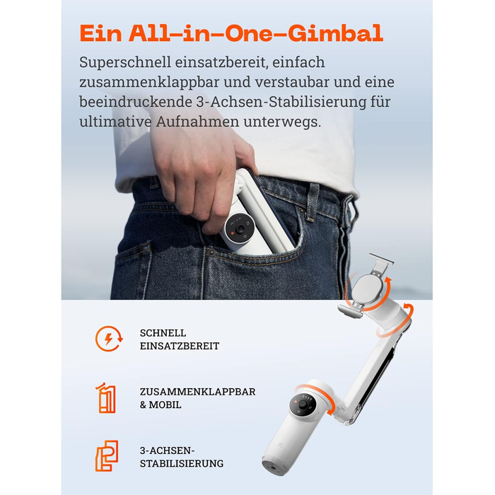 Insta360 Flow - Gimbal для смартфона з автотрекінгом, 3-осьова стабілізація, вбудований селфі-стік та штатив, білий