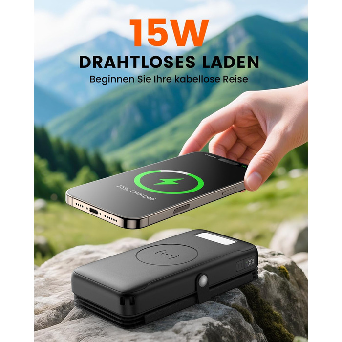 Power bank FEELLE 27000mAh з сонячною зарядкою та швидкою зарядкою 22.5W USB-C, чорний