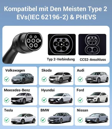 Портативний зарядний пристрій для електромобілів IEC 62196-2, 7,4 кВт, 7м, IP65, LCD, регулювання потужності та часу початку