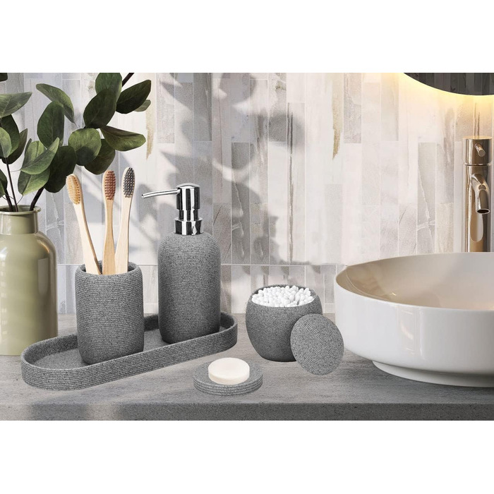 Набір аксесуарів для ванної кімнати з штучного каменю, 5 предметів: диспенсер для лосьйону, мильниця, тримач для зубних щіток, попільничка, тримач для ватних паличок, сучасний декор для ванної кімнати (сірий)