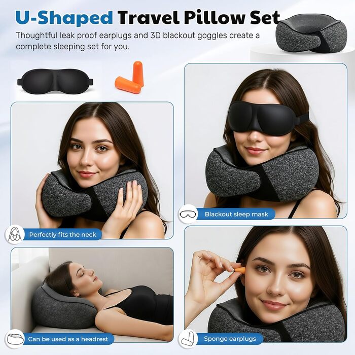 Подушка для шиї у літак, подушка для подорожей, з навушниками та маскою для очей, сіра