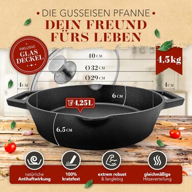 Чавунна сковорода гриль Krustenzauber 26 см з індукційним дном та двома ручками - рифлена, для смаження м'яса та овочів