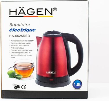 Електричний бездротовий чайник Hagen HA5525-RED червоного кольору, 1.8L з нержавіючої сталі