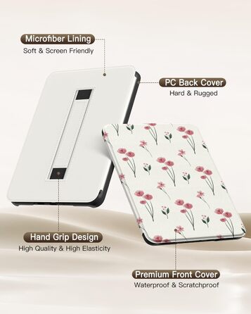 Чохол MoKo для Kindle Paperwhite (12-ге покоління, 2024) та Kindle Colorsoft Signature Edition (2024), з петлею для руки, авто-ввімкнення/вимкнення, Agave Grün (рожеві квіти)