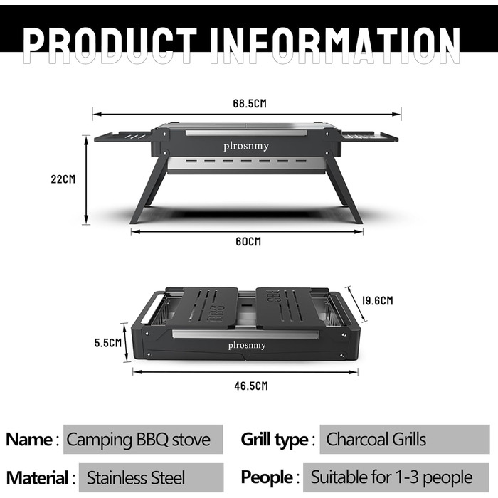 Portable Charcoal Foldable Grill, Outdoor Cooking for Travel, Camping Smoker BBQ Grill, Stainless Steel Tabletop, Portable