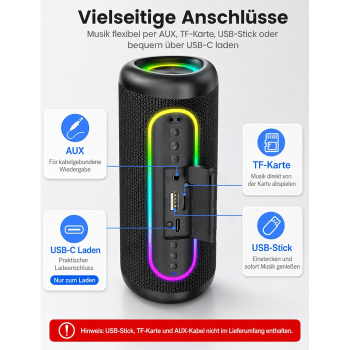 Портативна Bluetooth колонка UOHHBOE 30W, чорна: музика до 30 годин, RGB підсвічування, IPX5 водонепроникність