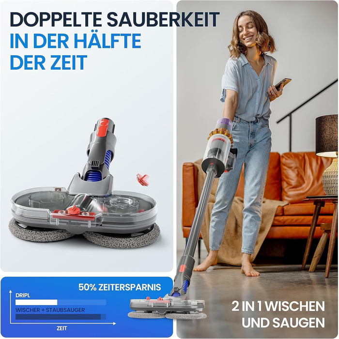 Насадка-мийник для пилососів Dyson V7/V8/V10/V11/V15/Gen5, електрична, з резервуаром для води та 6 моп-накладками + 1 контейнер для води