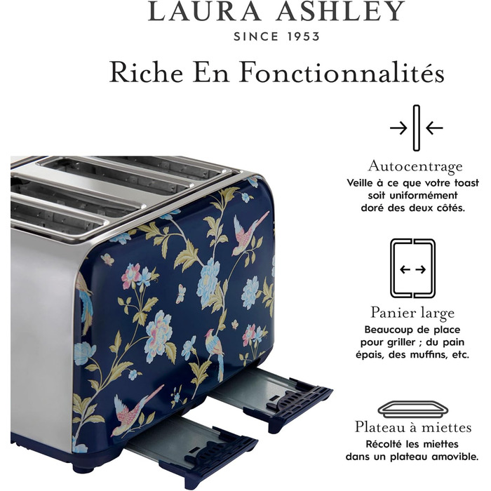 Тостер VQ Laura Ashley з 4-ма тостами, регулюванням нагріву, функцією розморожування та підігріву, нержавіюча сталь, вінтажний дизайн, з насадкою для круасанів (Elveden Marine)