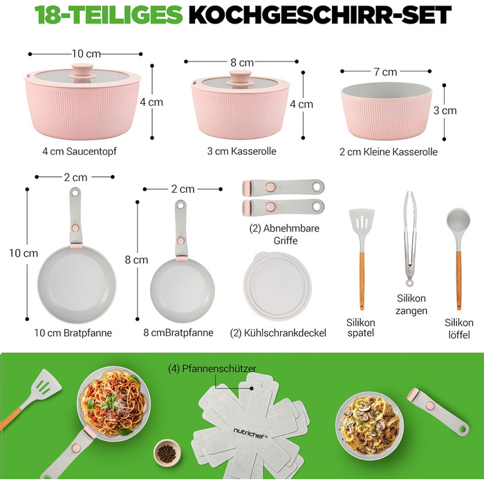 Набір посуду NutriChef 18 предметів керамічний рожевий з знімними ручками, для індукційних плит, антипригарний, компактний, для духовки, універсальний