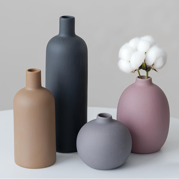Modern Ceramic Vase Set - 4 Piece, Morandi Colors, Minimalist Table Decor, Nordic Style, Neutral Boho Scandinavian Vase Set (Black)