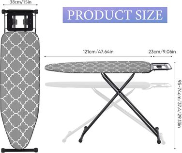 Складаний столик для прасування, 120 x 39 см, з великою підставкою для праски, регульована висота до 93 см