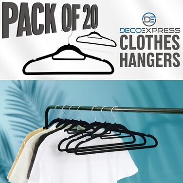 Плечики для одягу Deco Express Класичні, велюрові, антиковзаючі, економія місця, набір (20 шт., чорний)