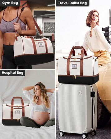 Спортивна сумка LOVEVOOK 37L для подорожей: Weekender, Duffel, Carry-on з відділенням для взуття та мокрих речей, водонепроникна, для відпочинку, авіаперельотів (L, Бежево-чорно-коричнева)