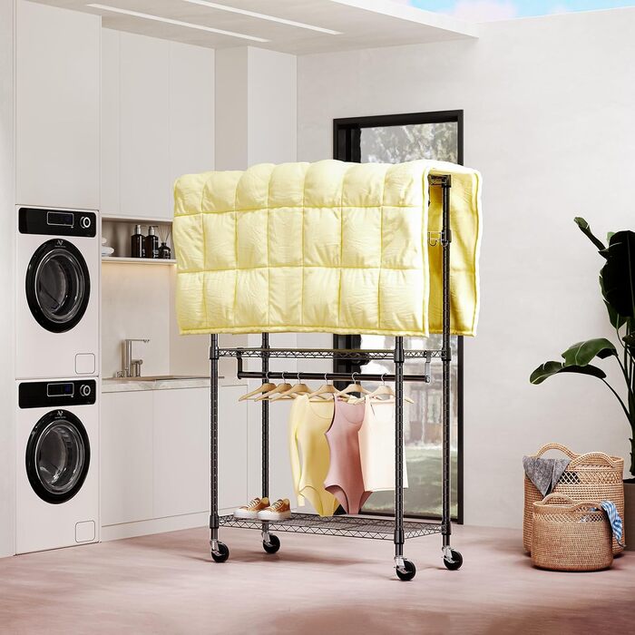 Міцний мобільний вішак для одягу з 3 рівнями, регульованими полицями, 2 штангами та гачками, чорний 40x75x189.3 см