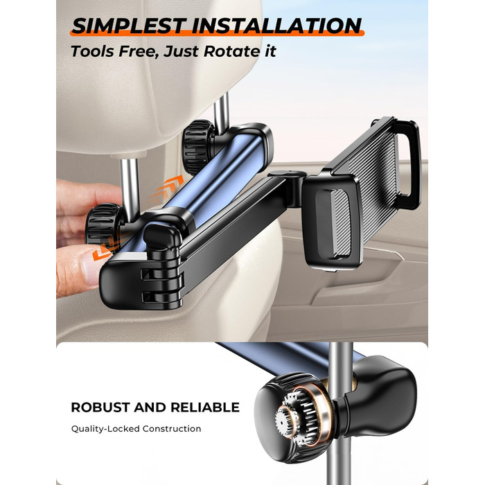 Тримач для планшету TRYONE в авто: кріплення на підголівник, 46 см, 3-в-1, для дітей, сумісний з iPad, Samsung Tab, Switch, телефонами (4.7-13 дюймів)