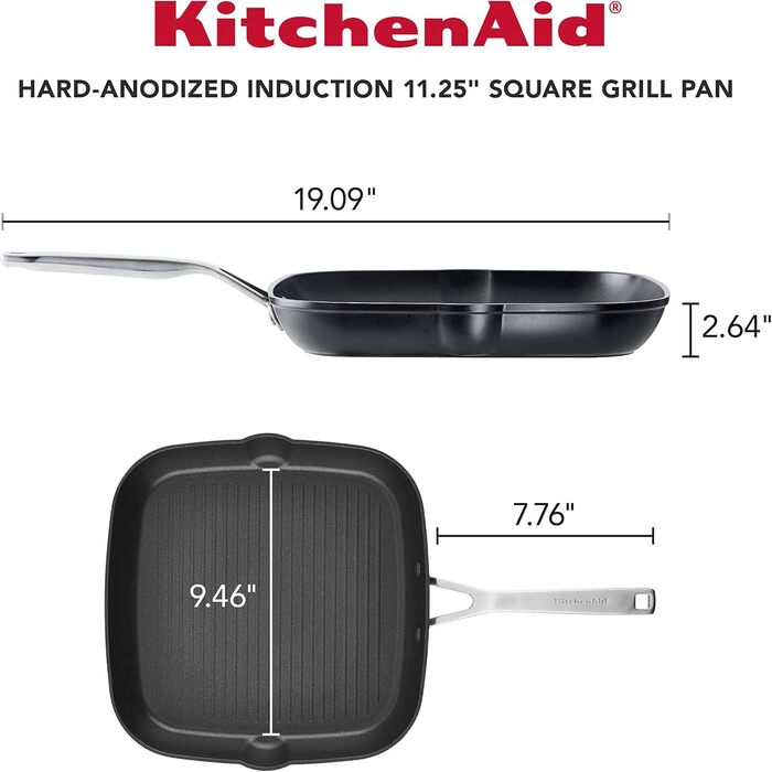 KitchenAid Grill Pan/Griddle with Spout, Hard Anodized, Non-Stick Coated, Square, 29 cm, Matte Black Grill Pan (28.6 cm)
