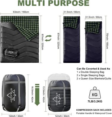 Сплячий мішок двомісний ETGLCOZY для дорослих та дітей, XL, 220*160 см, для кемпінгу, хайкінгу, трекінгу, водонепроникний, з компресійним мішком (чорний/зелений)