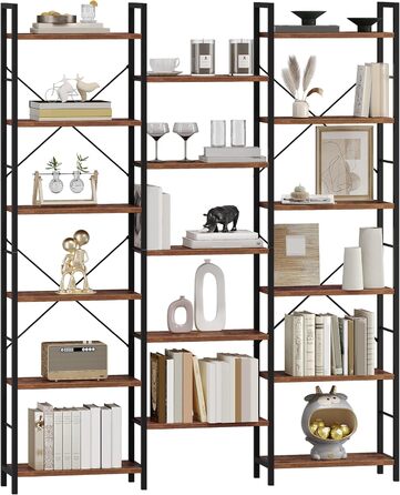 Книжкова шафа Hzuaneri, 17 полиць, 6 ярусів, регульована, 340 кг, 24x152x186 см, для вітальні та офісу, вінтаж, коричнево-чорна