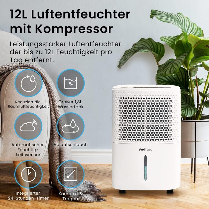 Pro Breeze Dehumidifier 12L in 24h Dehumidification Performance - Room Size approx. 120m³ (~20 m²) - with 3 Operating Modes, Digital Display, Drain Hose, Timer - Against Humidity, Mould White