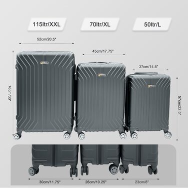 Чемодан Ribelli Handgepäck, 70 л, середній, з жорстким корпусом, з 4 колесами, з TSA-замком, телескопічна ручка, набір L-XL-XXL (02066-чорний, L (50л))