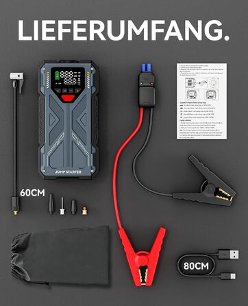 Пусковий пристрій (бустер) для авто Starthilfe 8000A з компресором 150PSI, портативний Powerbank 12V для бензинових та дизельних двигунів до 10л, LED-дисплей, сірий