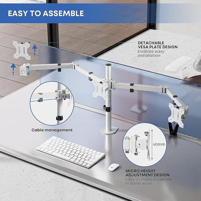 Підставка для монітора PUTORSEN на 3 монітори - сумісна з LCD/LED телевізорами 13'-27' (33-68см), вантажопідйомність 7 кг на монітор, регулювання на 180°, поворот 360°, регулювання висоти, білий колір