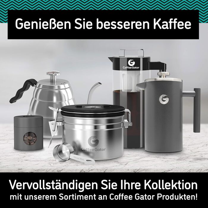 Coffee Gator French Press Coffee Maker - Stainless Steel Thermo Coffee Pot for Longer Hot Coffee - 1 Liter – Grey - Includes Travel Coffee Canister