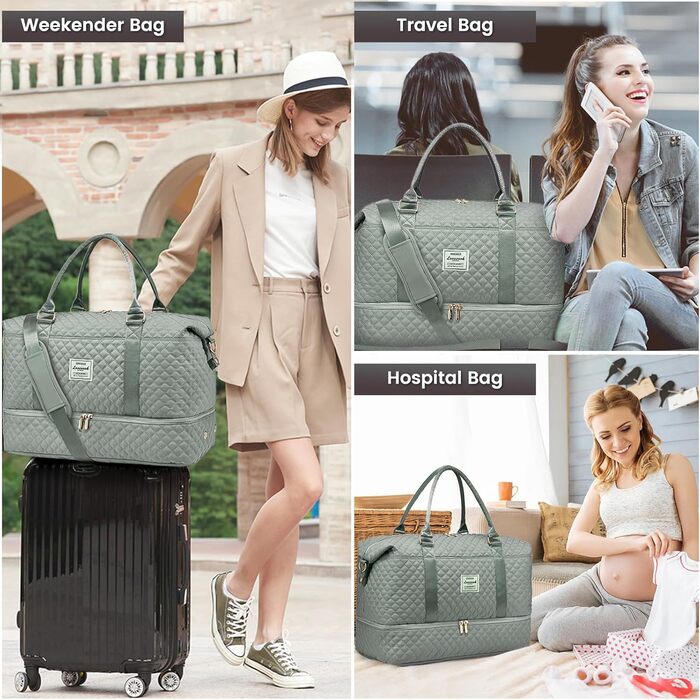Спортивна дорожня сумка LOVEVOOK для жінок, велика, на вихідні, Travel Duffle Bag з культуробегу та відділенням для взуття, водонепроникна, для подорожей, спортзалу, кемпінгу, пологів (M-2шт, сірий, зелений)