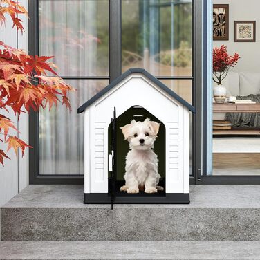 Будка для собак GOPLUS Outdoor, вологостійка з закривною решітчастою дверцятами та піднятим дном, вентиляційні отвори, похила дах, клітка для собак Indoor, будиночок для домашніх тварин для собак та котів (Сірий)