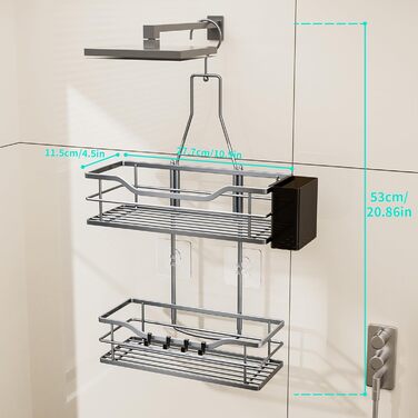 Настінна поличка для душу HapiRm з 4 гачками - поворотна 360°, органайзер для шампуню та мийних засобів, сріблястий
