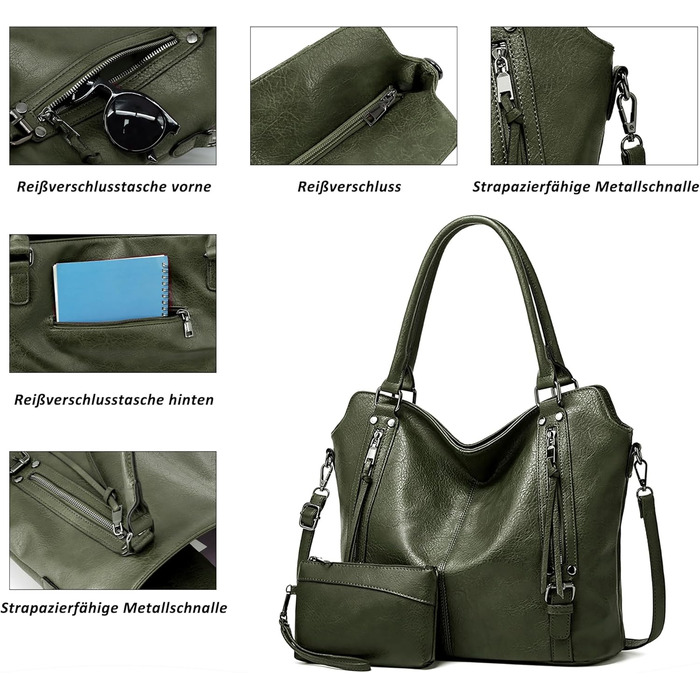 Сумка жіноча TANTOMI елегантна вінтажна, велика сумка-шопер через плече з м'якого матеріалу, знімний ремінець, темно-зелена