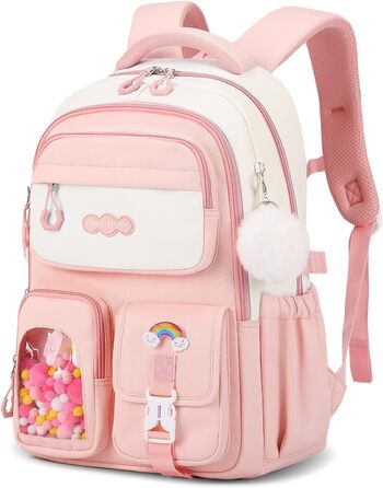 Шкільний рюкзак для дівчаток-підлітків, рожевий, з помпоном, тролей-петлею та світловідбивачами. Великий рюкзак для школи та подорожей, 3-7 клас, водонепроникний