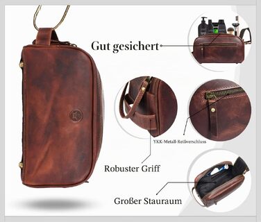 Шкіряна косметичка для чоловіків Aaron Leather — дорожній набір для догляду, темно-коричнева (горіх), з подвійною блискавкою