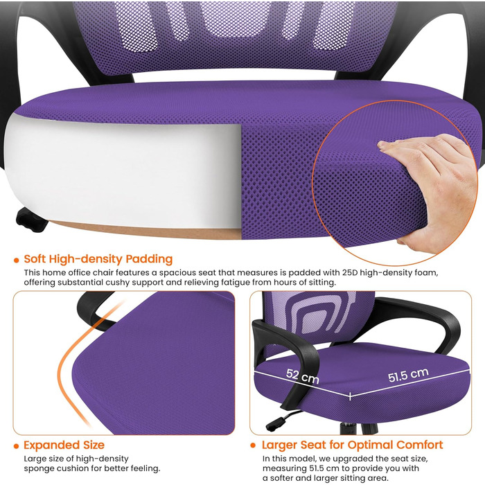 Офісне крісло Yaheetech ергономічне з сітчастою спинкою та підлокітниками, поворотне, для начальника, з функцією гойдання, регульоване по висоті, до 136 кг, фіолетове